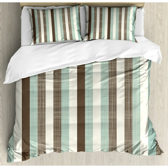 Retro Duvet Cover Set, Classical Vertical Stripes Pattern Texture Image Old Fashioned Display, Decorative 3 Piece Bedding Set with 2 Pillow Shams, Queen Size, Almond Green Brown Cream, by Ambesonne