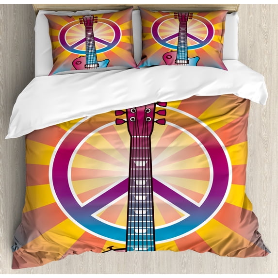 Retro Duvet Cover Set, Colorful Guitar and Peace and Dove Dedicated to the Woodstock Tribute, Decorative 3 Piece Bedding Set with 2 Pillow Shams, Queen Size, Multicolor, by Ambesonne