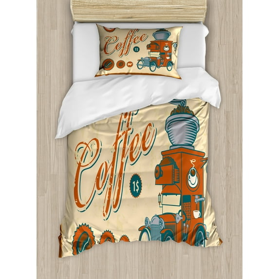 Retro Duvet Cover Set, Commercial Design of Vintage Truck with Coffee Grinder Old Fashioned, Decorative 2 Piece Bedding Set with 1 Pillow Shams, Twin Size, Cream Orange Grey, by Ambesonne
