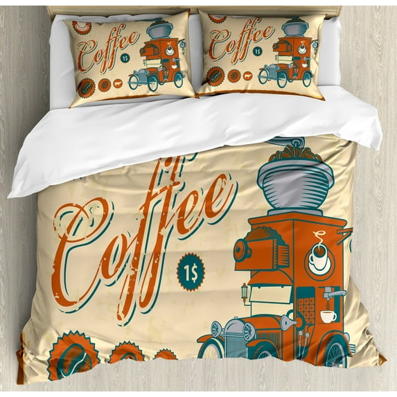 Retro Duvet Cover Set, Commercial Design of Vintage Truck with Coffee Grinder Old Fashioned, Decorative 3 Piece Bedding Set with 2 Pillow Shams, Calking Size, Cream Orange Grey, by Ambesonne