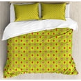 thumbnail image 1 of Retro Duvet Cover Set, Continued Scene Composition of Vertical Dash Lines and Nested Circles, Decorative 3 Piece Bedding Set with 2 Pillow Shams, Calking Size, Apple Green and Fuchsia, by Ambesonne, 1 of 2