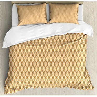 Retro Duvet Cover Set, Continuous Orange Wavy Pattern with Elliptic Dots Curvy Symmetric Vintage Design, Decorative 3 Piece Bedding Set with 2 Pillow Shams, Calking Size, Orange Cream, by Ambesonne