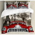 thumbnail image 1 of Retro Duvet Cover Set, European City Scenery with Paris Writing Car Silhouette Pattern Vintage Vibes Art, Decorative 3 Piece Bedding Set with 2 Pillow Shams, King Size, Cream Grey Red, by Ambesonne, 1 of 3