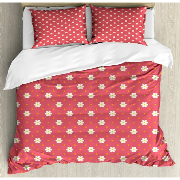 Retro Duvet Cover Set, Exquisite Pattern Composition with Daisy Blooms on Pink Backdrop, Decorative 3 Piece Bedding Set with 2 Pillow Shams, Calking Size, Pink White Marigold, by Ambesonne