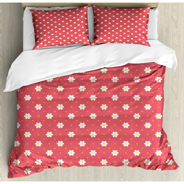 Retro Duvet Cover Set, Exquisite Pattern Composition with Daisy Blooms on Pink Backdrop, Decorative 3 Piece Bedding Set with 2 Pillow Shams, Queen Size, Pink White Marigold, by Ambesonne
