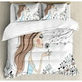 thumbnail image 1 of Retro Duvet Cover Set, Fashion Woman with Dandelion Flower Spring Wind Garden Sketchy Illustration, Decorative 3 Piece Bedding Set with 2 Pillow Shams, King Size, Warm Taupe and Blue, by Ambesonne, 1 of 3