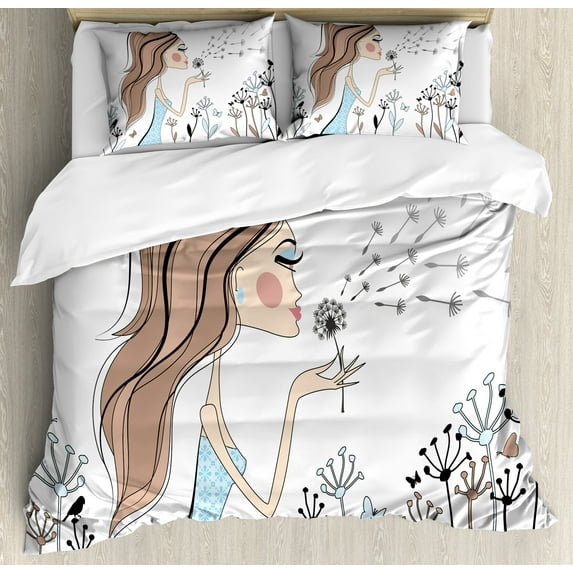 Retro Duvet Cover Set, Fashion Woman with Dandelion Flower Spring Wind Garden Sketchy Illustration, Decorative 3 Piece Bedding Set with 2 Pillow Shams, Queen Size, Warm Taupe and Blue, by Ambesonne