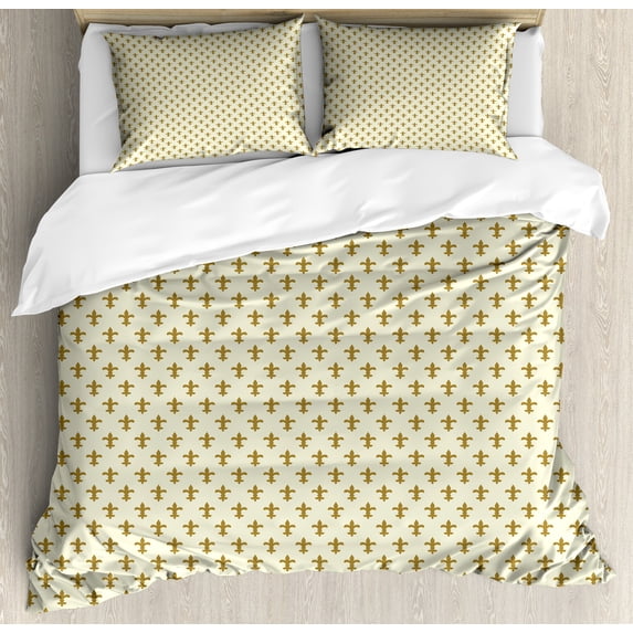 Retro Duvet Cover Set, Fleur-de-lis Flower of the Lily Design Traditional Repetitive Pattern, Decorative 3 Piece Bedding Set with 2 Pillow Shams, King Size, Cream and Yellow, by Ambesonne