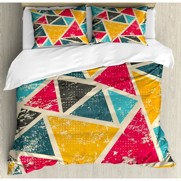 Retro Duvet Cover Set, Funk Art Abstract Geometric Grunge Triangles Murky Graphic Design, Decorative 3 Piece Bedding Set with 2 Pillow Shams, Queen Size, Multicolor, by Ambesonne