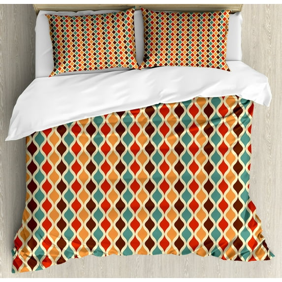 Retro Duvet Cover Set, Funk Different Vintage Pattern Composition with Geometric Forms Simplistic Art, Decorative 3 Piece Bedding Set with 2 Pillow Shams, King Size, Multicolor, by Ambesonne