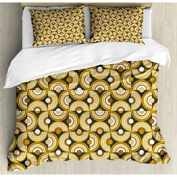 Retro Duvet Cover Set, Funky Abstract Motif Half Circular Inner Round Forms Spiral Hoops Art, Decorative 3 Piece Bedding Set with 2 Pillow Shams, King Size, Grey Marigold Cinnamon, by Ambesonne