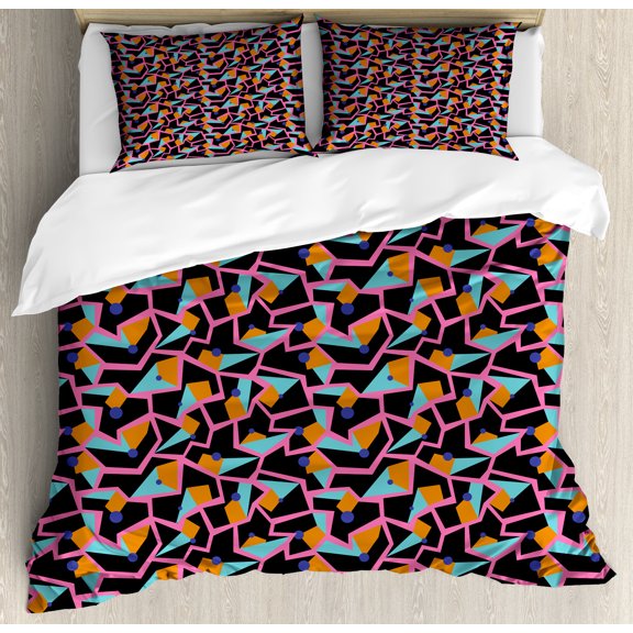 Retro Duvet Cover Set, Funky Colorful Quirky Absurd Sharp Angled Memphis Style Fractal Pattern, Decorative 3 Piece Bedding Set with 2 Pillow Shams, King Size, Dark Orange and Pink, by Ambesonne