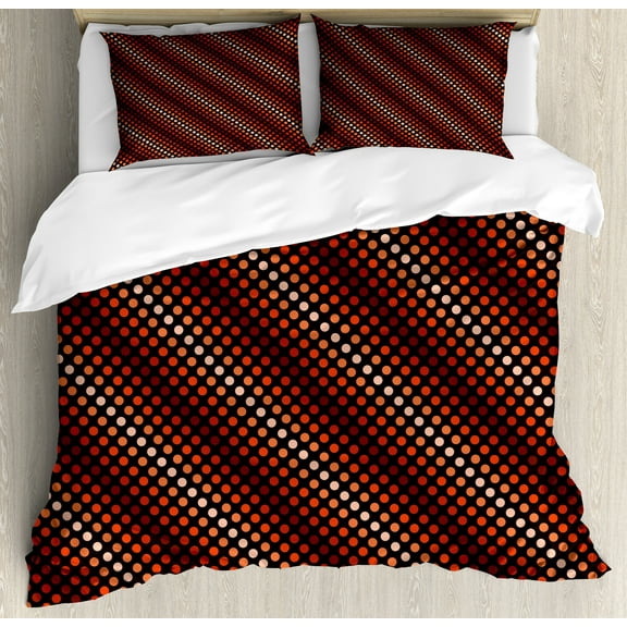 Retro Duvet Cover Set, Funky Nostalgic Polka Dots Circle Rounds in Contrast Image, Decorative 3 Piece Bedding Set with 2 Pillow Shams, King Size, Dark Brown Vermilion, by Ambesonne