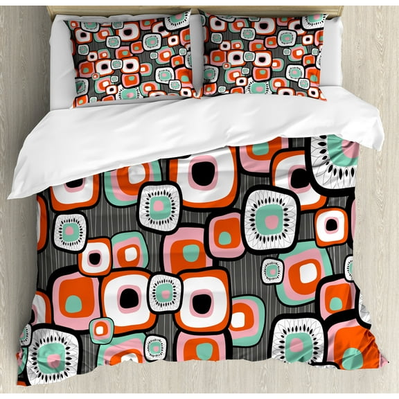 Retro Duvet Cover Set, Funky Square Shaped Lava Flowers with Abstract Inner Forms Print, Decorative 3 Piece Bedding Set with 2 Pillow Shams, Calking Size, Pale Pink Orange, by Ambesonne