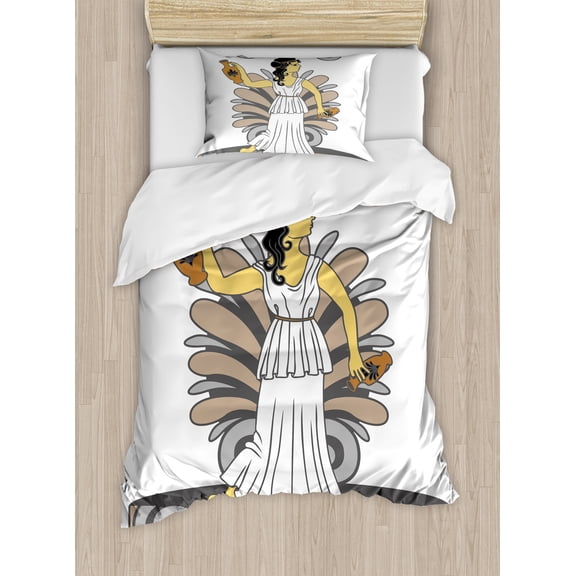 Retro Duvet Cover Set, Greek Woman with Amphoras in Classical Style Colored Variant Art, Decorative 2 Piece Bedding Set with 1 Pillow Shams, Twin Size, Grey Pale Brown Black, by Ambesonne