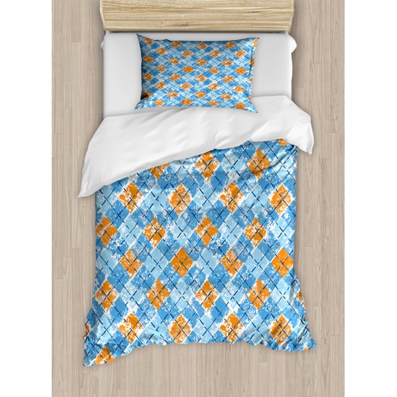 Retro Duvet Cover Set, Grungy Design of Argyle Inspired Pattern Classic Checkered Scenery, Decorative 2 Piece Bedding Set with 1 Pillow Shams, Twin Size, Blue Pale Blue, by Ambesonne