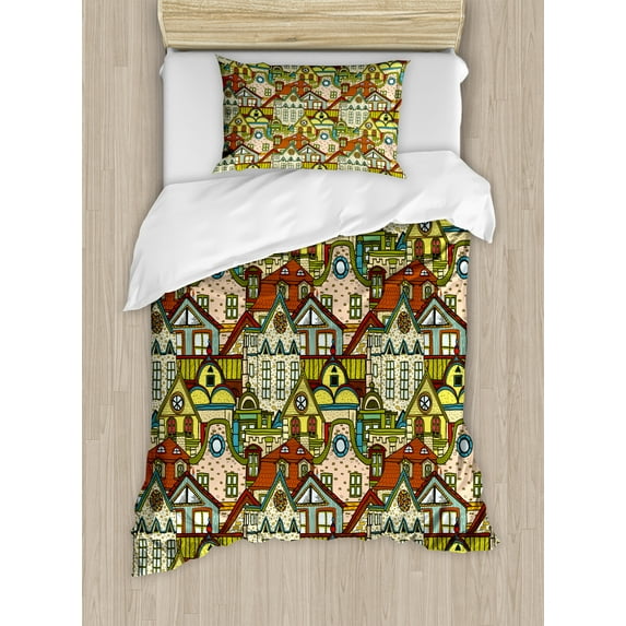Retro Duvet Cover Set, Hand Drawn Old City in Colorful Tones European Buildings Featured Town Place Picture, Decorative 2 Piece Bedding Set with 1 Pillow Shams, Twin Size, Multicolor, by Ambesonne