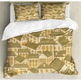 thumbnail image 1 of Retro Duvet Cover Set, Hand Drawn Village Town Houses Pattern with Pyramidal Roofs, Decorative 3 Piece Bedding Set with 2 Pillow Shams, Queen Size, Reseda Green Sand Brown, by Ambesonne, 1 of 2