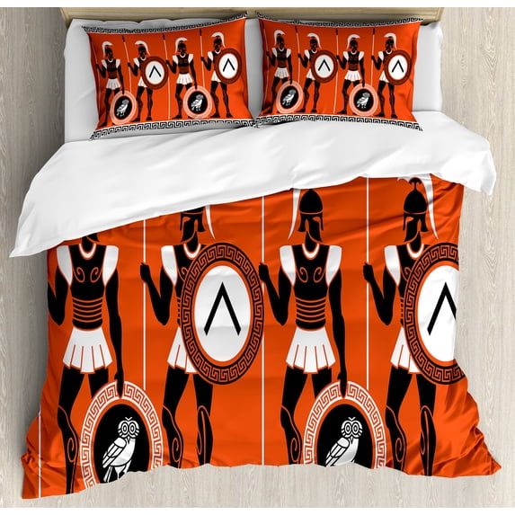 Retro Duvet Cover Set, Historical in Greece Theme Cultures, Decorative 3 Piece Bedding Set with 2 Pillow Shams, Queen Size, Orange Black White, by Ambesonne