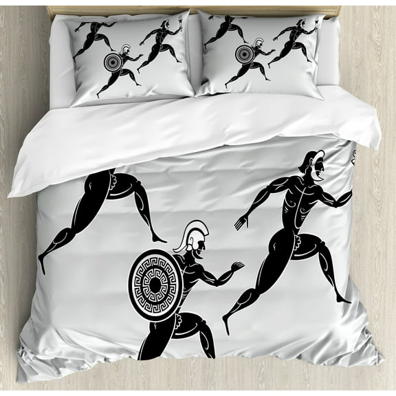 Retro Duvet Cover Set, Historical Spartan Runners Antique Body Heritage Illustration, Decorative 3 Piece Bedding Set with 2 Pillow Shams, King Size, Pale Grey Black, by Ambesonne