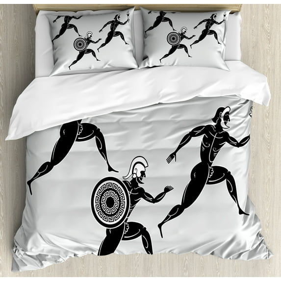 Retro Duvet Cover Set, Historical Spartan Runners Antique Body Heritage Illustration, Decorative 3 Piece Bedding Set with 2 Pillow Shams, Queen Size, Pale Grey Black, by Ambesonne