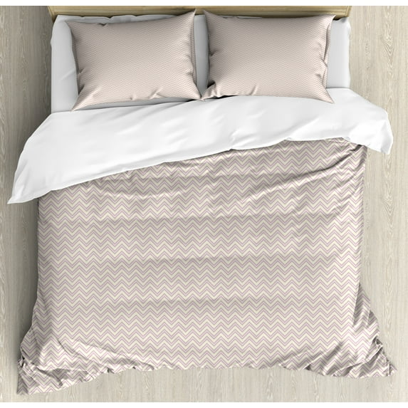 Retro Duvet Cover Set, Horizontal Chevron Zig Zag Pattern Geometric Monochrome Nostalgic Design, Decorative 3 Piece Bedding Set with 2 Pillow Shams, Queen Size, Cream and Lavender, by Ambesonne