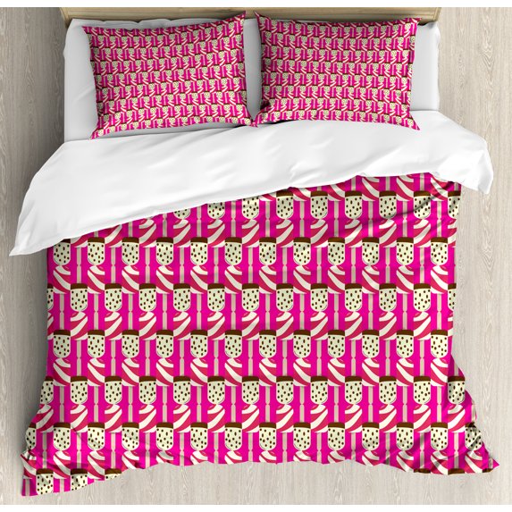 Retro Duvet Cover Set, Ice Cream Summer Dessert Pattern with Funny 2 Flavored Popsicles, Decorative 3 Piece Bedding Set with 2 Pillow Shams, Queen Size, Hot Pink Cream and Chocolate, by Ambesonne