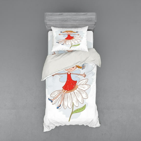 Retro Duvet Cover Set, Illustration of a Ginger Girl with 2 Side Braided Hair Sitting on a Chamomile, Bedding Set with Shams and Fitted Sheet, 3 Sizes, by Ambesonne