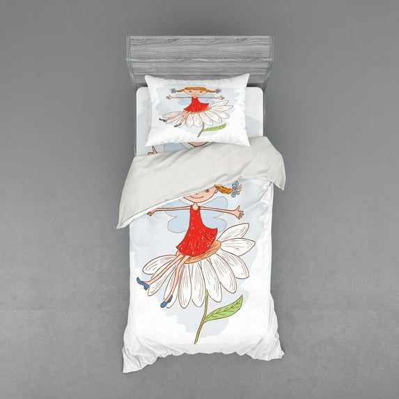 Retro Duvet Cover Set, Illustration of a Ginger Girl with 2 Side Braided Hair Sitting on a Chamomile, Bedding Set with Shams and Fitted Sheet, 3 Sizes, by Ambesonne