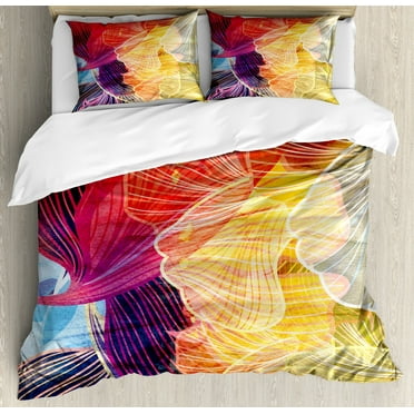 Retro Duvet Cover Set King Size, Abstract Watercolor Artwork Fantastic Elements Natural Waved Creative Composition, Decorative 3 Piece Bedding Set with 2 Pillow Shams, Multicolor, by Ambesonne