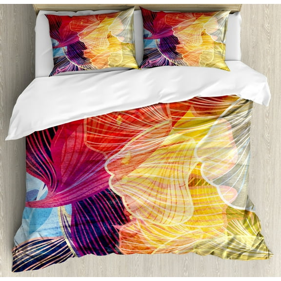 Retro Duvet Cover Set King Size, Abstract Watercolor Artwork Fantastic Elements Natural Waved Creative Composition, Decorative 3 Piece Bedding Set with 2 Pillow Shams, Multicolor, by Ambesonne