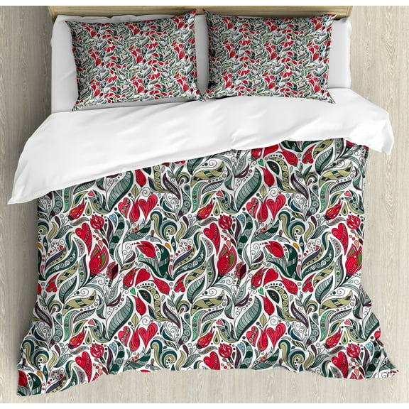 Retro Duvet Cover Set King Size, Colorful Boho Flowers Pattern Swirl Leaves with Modern Artsy Floral Pattern, Decorative 3 Piece Bedding Set with 2 Pillow Shams, Grey and Hot Pink, by Ambesonne