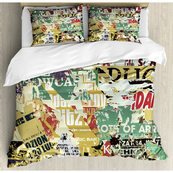 Retro Duvet Cover Set King Size, Grunge Style Collage Print of Old Torn Posters Magazines Newspapers Paper Art Print, Decorative 3 Piece Bedding Set with 2 Pillow Shams, Multicolor, by Ambesonne