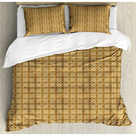 Retro Duvet Cover Set King Size, Grungy Look Print with Perpendicularly Interlocking Circles and 4 Leaf Plants, Decorative 3 Piece Bedding Set with 2 Pillow Shams, Caramel and Tan, by Ambesonne