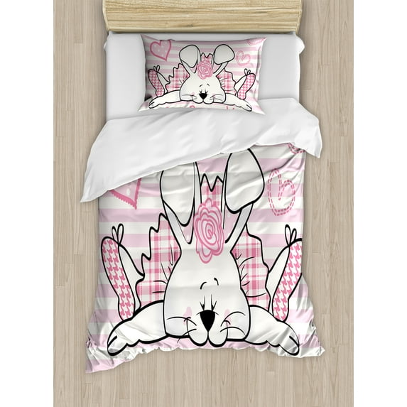 Retro Duvet Cover Set, Miss Bunny Hoop in Love Romantic Rabbit Valentines Day in Hearts Art, Decorative 2 Piece Bedding Set with 1 Pillow Shams, Twin Size, Pale Pink White, by Ambesonne