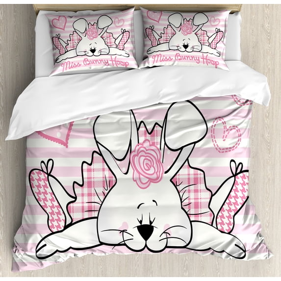 Retro Duvet Cover Set, Miss Bunny Hoop in Love Romantic Rabbit Valentines Day in Hearts Art, Decorative 3 Piece Bedding Set with 2 Pillow Shams, Queen Size, Pale Pink White, by Ambesonne