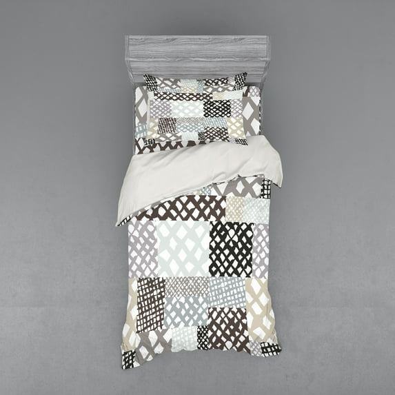 Retro Duvet Cover Set, Mixed Patchwork Trippy Abstract with Formless Color Lines Design, Bedding Set with Shams and Fitted Sheet, 3 Sizes, by Ambesonne