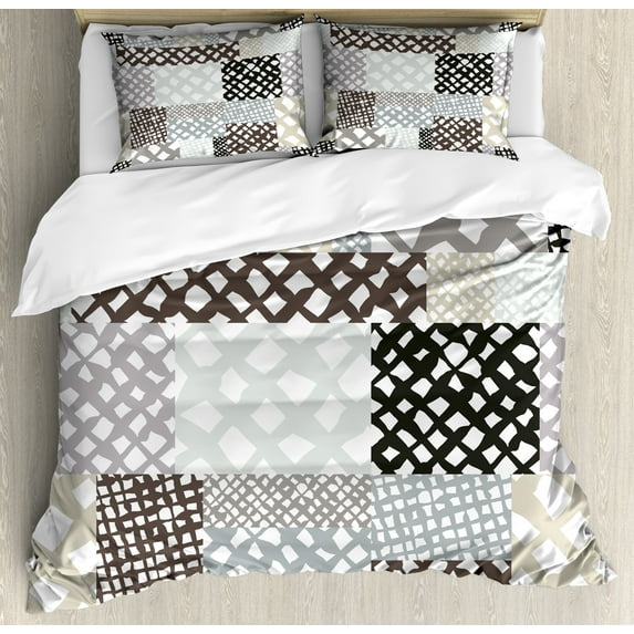 Retro Duvet Cover Set, Mixed Patchwork Trippy Abstract with Formless Color Lines Design, Decorative 3 Piece Bedding Set with 2 Pillow Shams, King Size, Multicolor, by Ambesonne