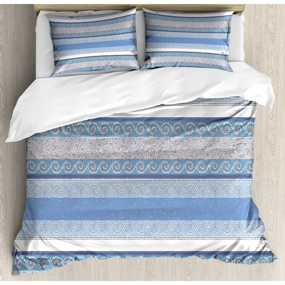 Retro Duvet Cover Set, Mosaic Inspired Borders in Antique Style Swirl Motifs Geometric, Decorative 3 Piece Bedding Set with 2 Pillow Shams, Queen Size, Blue White Beige, by Ambesonne
