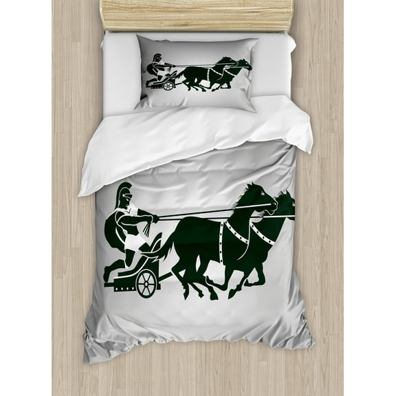 Retro Duvet Cover Set, Mythological Chariot Gladiator with Horse Traditional Greek Culture Image, Decorative 2 Piece Bedding Set with 1 Pillow Shams, Twin Size, Dimgrey Black, by Ambesonne