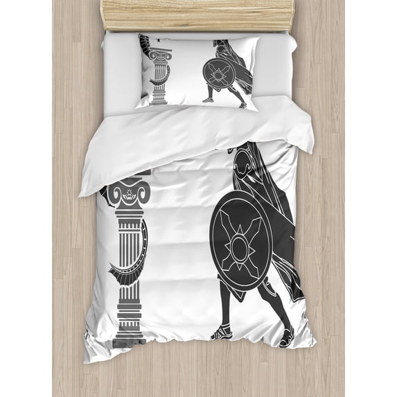 Retro Duvet Cover Set, Mythological Scene Hero and Dragon Hellenic Fantasy, Decorative 2 Piece Bedding Set with 1 Pillow Shams, Twin Size, Grey Charcoal Grey White, by Ambesonne
