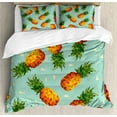 thumbnail image 1 of Retro Duvet Cover Set, Poly Style Pineapples Motif Vintage Beach Summer Modern Illustration, Decorative 3 Piece Bedding Set with 2 Pillow Shams, Queen Size, Olive Green Seafoam, by Ambesonne, 1 of 3