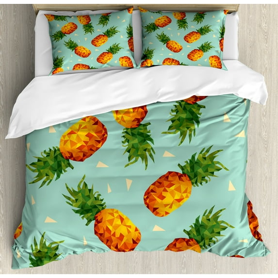 Retro Duvet Cover Set, Poly Style Pineapples Motif Vintage Beach Summer Modern Illustration, Decorative 3 Piece Bedding Set with 2 Pillow Shams, Queen Size, Olive Green Seafoam, by Ambesonne