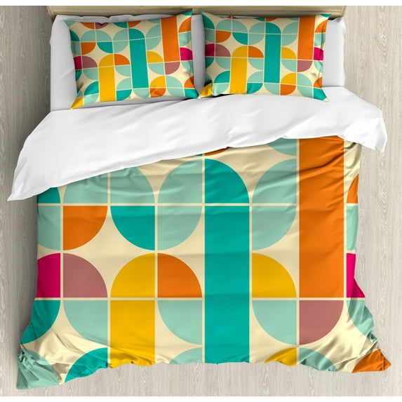 Retro Duvet Cover Set, Pop Art Funky Unusual Geometric Forms Mosaic Style Old Fashioned Graphic, Decorative 3 Piece Bedding Set with 2 Pillow Shams, Queen Size, Multicolor, by Ambesonne