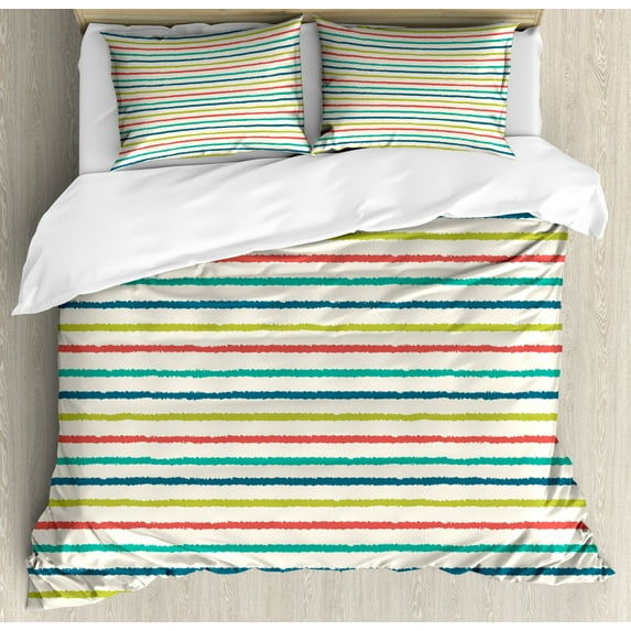 Retro Duvet Cover Set Queen Size, Doodle Like Hand Drawn Paralel Lines Hipster Style Striped Pattern Colorful Graphic, Decorative 3 Piece Bedding Set with 2 Pillow Shams, Multicolor, by Ambesonne