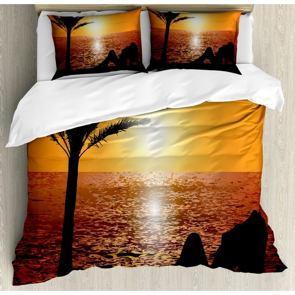 Retro Duvet Cover Set, Silhouette of Lady and Palm Tree on Tropical Beach at Sunset Horizon Scenery Print, Decorative 3 Piece Bedding Set with 2 Pillow Shams, Calking Size, Orange Black, by Ambesonne