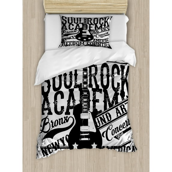 Retro Duvet Cover Set, Soul Rock Academy Theme Music Electric Guitar Freedom Poster Like Image, Decorative 2 Piece Bedding Set with 1 Pillow Shams, Twin Size, Beige and Black, by Ambesonne