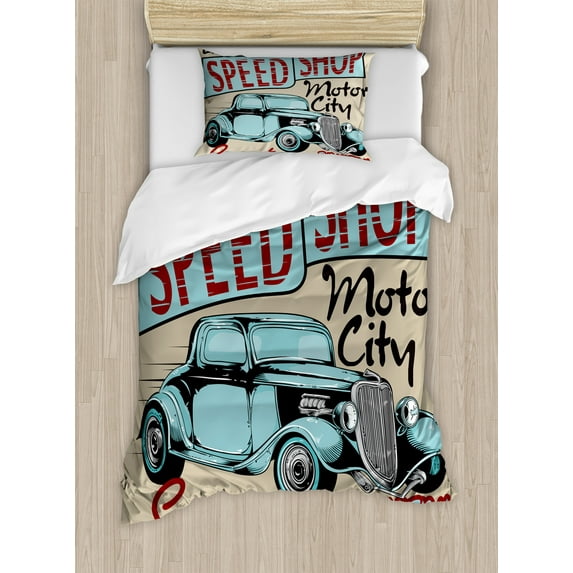 Retro Duvet Cover Set, Sport Car Evolution Writing Vintage Design Car Illustration Classic Vibes Print, Decorative 2 Piece Bedding Set with 1 Pillow Shams, Twin Size, Brown Teal Red, by Ambesonne