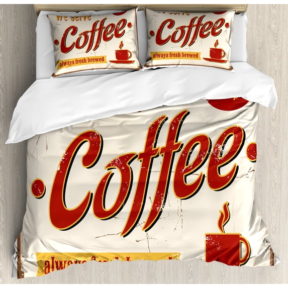 Retro Duvet Cover Set, Tin Rusty Faded Fresh Brewed Coffee Print from Old Days Fifties Style Art Work, Decorative 3 Piece Bedding Set with 2 Pillow Shams, Queen Size, Cream Red Orange, by Ambesonne