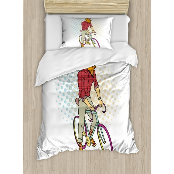 Retro Duvet Cover Set Twin Size, Hipster Goat on Bicycle Fashion Model Horns Hooves Teenager Boy Colorful Artwork, Decorative 2 Piece Bedding Set with 1 Pillow Sham, Multicolor, by Ambesonne